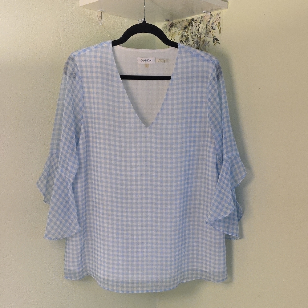 Calvin Klein Blue Gingham V-Neck Blouse